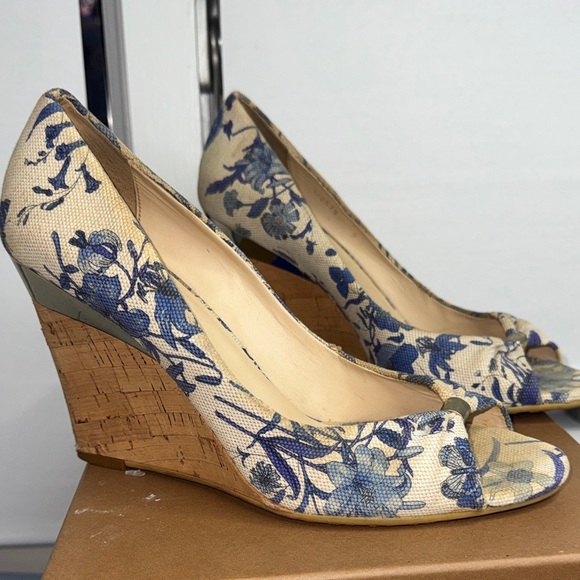 Gucci Shoes - Gucci Blue Floral Wedge Peep-Toe Shoes